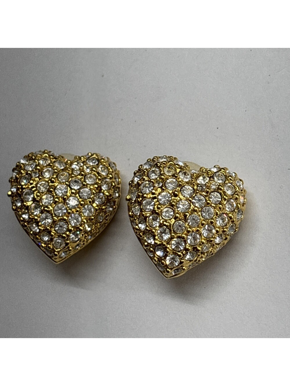 Signed Joan Rivers Clear Rhinestone Gold Tone Heart Clip On Earrings Vintage